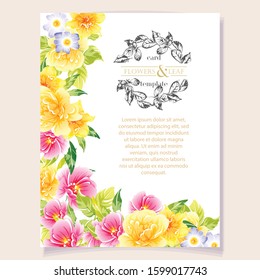 Vintage delicate greeting invitation card template design with flowers for wedding, marriage, bridal, birthday, Valentine's day. Romantic vector illustration.