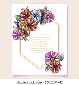 Vintage delicate greeting invitation card template design with flowers for wedding, marriage, bridal, birthday, Valentine's day. Romantic vector illustration.