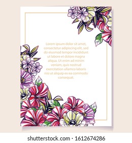 Vintage delicate greeting invitation card template design with flowers for wedding, marriage, bridal, birthday, Valentine's day. Romantic vector illustration.

