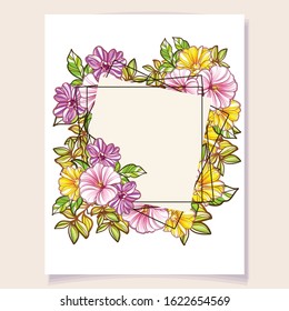Vintage delicate greeting invitation card template design with flowers for wedding, marriage, bridal, birthday, Valentine's day. Romantic vector illustration.