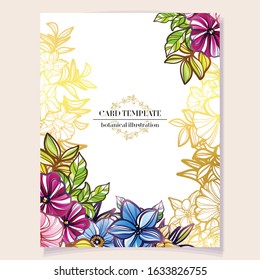 Vintage delicate greeting invitation card template design with flowers for wedding, marriage, bridal, birthday, Valentine's day. Romantic vector illustration.