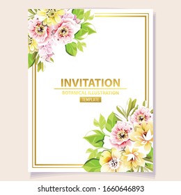 Vintage delicate greeting invitation card template design with flowers for wedding, marriage, bridal, birthday, Valentine's day. Romantic vector illustration.
