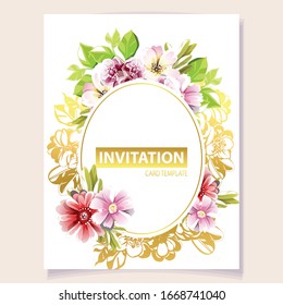 Vintage delicate greeting invitation card template design with flowers for wedding, marriage, bridal, birthday, Valentine's day. Romantic vector illustration.
