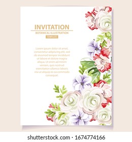 Vintage delicate greeting invitation card template design with flowers for wedding, marriage, bridal, birthday, Valentine's day. Romantic vector illustration.