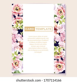 Vintage delicate greeting invitation card template design with flowers for wedding, marriage, bridal, birthday, Valentine's day. Romantic vector illustration.