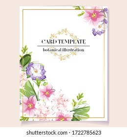 Vintage delicate greeting invitation card template design with flowers for wedding, marriage, bridal, birthday, Valentine's day. Romantic vector illustration.