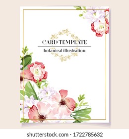 Vintage delicate greeting invitation card template design with flowers for wedding, marriage, bridal, birthday, Valentine's day. Romantic vector illustration.