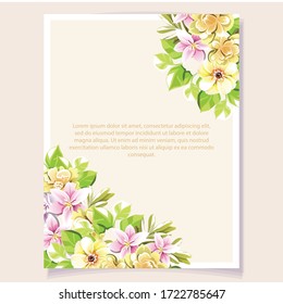 Vintage delicate greeting invitation card template design with flowers for wedding, marriage, bridal, birthday, Valentine's day. Romantic vector illustration.