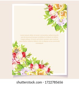 Vintage delicate greeting invitation card template design with flowers for wedding, marriage, bridal, birthday, Valentine's day. Romantic vector illustration.