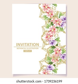 Vintage delicate greeting invitation card template design with flowers for wedding, marriage, bridal, birthday, Valentine's day. Romantic vector illustration.