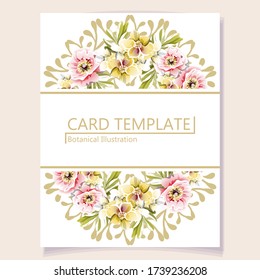 Vintage delicate greeting invitation card template design with flowers for wedding, marriage, bridal, birthday, Valentine's day. Romantic vector illustration.