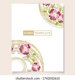 Vintage delicate greeting invitation card template design with flowers for wedding, marriage, bridal, birthday, Valentine's day. Romantic vector illustration.