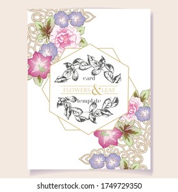 Vintage delicate greeting invitation card template design with flowers for wedding, marriage, bridal, birthday, Valentine's day. Romantic vector illustration.