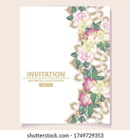 Vintage delicate greeting invitation card template design with flowers for wedding, marriage, bridal, birthday, Valentine's day. Romantic vector illustration.