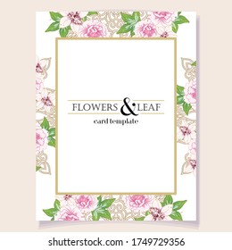 Vintage delicate greeting invitation card template design with flowers for wedding, marriage, bridal, birthday, Valentine's day. Romantic vector illustration.