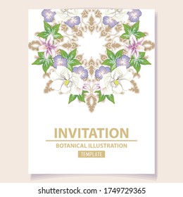 Vintage delicate greeting invitation card template design with flowers for wedding, marriage, bridal, birthday, Valentine's day. Romantic vector illustration.