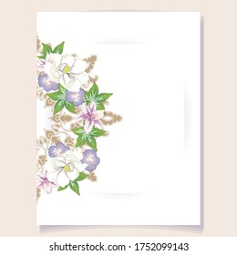 Vintage delicate greeting invitation card template design with flowers for wedding, marriage, bridal, birthday, Valentine's day. Romantic vector illustration.
