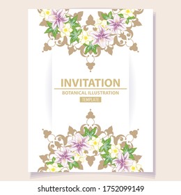 Vintage delicate greeting invitation card template design with flowers for wedding, marriage, bridal, birthday, Valentine's day. Romantic vector illustration.