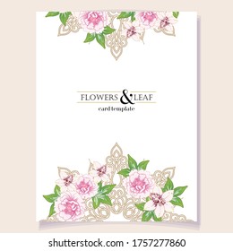 Vintage delicate greeting invitation card template design with flowers for wedding, marriage, bridal, birthday, Valentine's day. Romantic vector illustration.