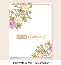 Vintage delicate greeting invitation card template design with flowers for wedding, marriage, bridal, birthday, Valentine's day. Romantic vector illustration.