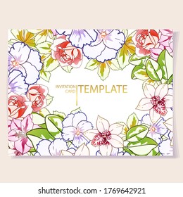 Vintage delicate greeting invitation card template design with flowers for wedding, marriage, bridal, birthday, Valentine's day. Romantic vector illustration.
