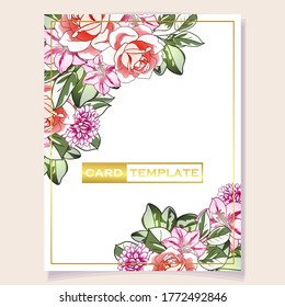 Vintage delicate greeting invitation card template design with flowers for wedding, marriage, bridal, birthday, Valentine's day. Romantic vector illustration.