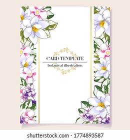 Vintage delicate greeting invitation card template design with flowers for wedding, marriage, bridal, birthday, Valentine's day. Romantic vector illustration.