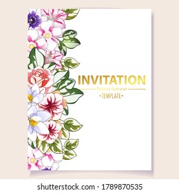 Vintage delicate greeting invitation card template design with flowers for wedding, marriage, bridal, birthday, Valentine's day. Romantic vector illustration.