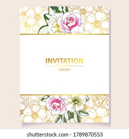 Vintage delicate greeting invitation card template design with flowers for wedding, marriage, bridal, birthday, Valentine's day. Romantic vector illustration.
