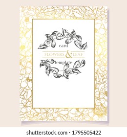 Vintage delicate greeting invitation card template design with flowers for wedding, marriage, bridal, birthday, Valentine's day. Romantic vector illustration.