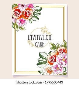 Vintage delicate greeting invitation card template design with flowers for wedding, marriage, bridal, birthday, Valentine's day. Romantic vector illustration.