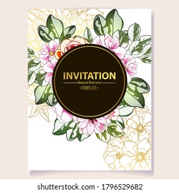 Vintage delicate greeting invitation card template design with flowers for wedding, marriage, bridal, birthday, Valentine's day. Romantic vector illustration.