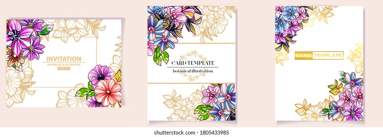 Vintage delicate greeting invitation card template design with flowers for wedding, marriage, bridal, birthday, Valentine's day. Romantic vector illustration.