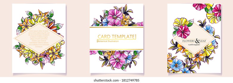 Vintage delicate greeting invitation card template design with flowers for wedding, marriage, bridal, birthday, Valentine's day. Romantic vector illustration.
