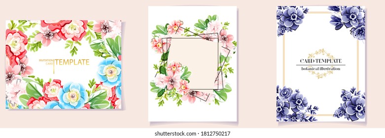 Vintage delicate greeting invitation card template design with flowers for wedding, marriage, bridal, birthday, Valentine's day. Romantic vector illustration.