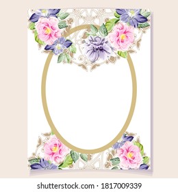 Vintage delicate greeting invitation card template design with flowers for wedding, marriage, bridal, birthday, Valentine's day. Romantic vector illustration.