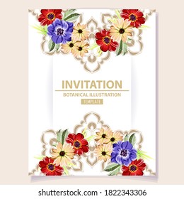 Vintage delicate greeting invitation card template design with flowers for wedding, marriage, bridal, birthday, Valentine's day. Romantic vector illustration.