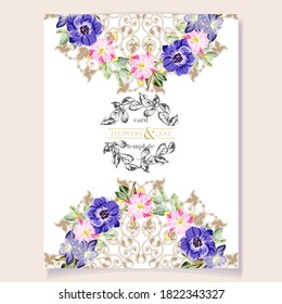 Vintage delicate greeting invitation card template design with flowers for wedding, marriage, bridal, birthday, Valentine's day. Romantic vector illustration.