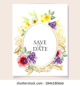 Vintage delicate greeting invitation card template design with flowers for wedding, marriage, bridal, birthday, Valentine's day. Romantic vector illustration.