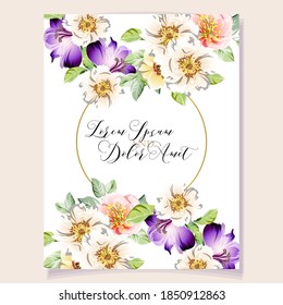 Vintage delicate greeting invitation card template design with flowers for wedding, marriage, bridal, birthday, Valentine's day. Romantic vector illustration.