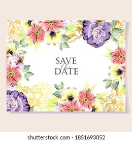 Vintage delicate greeting invitation card template design with flowers for wedding, marriage, bridal, birthday, Valentine's day. Romantic vector illustration.