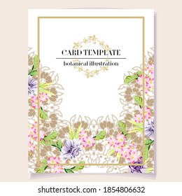 Vintage delicate greeting invitation card template design with flowers for wedding, marriage, bridal, birthday, Valentine's day. Romantic vector illustration.