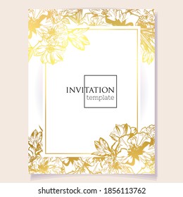 Vintage delicate greeting invitation card template design with flowers for wedding, marriage, bridal, birthday, Valentine's day. Romantic vector illustration.