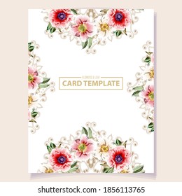 Vintage delicate greeting invitation card template design with flowers for wedding, marriage, bridal, birthday, Valentine's day. Romantic vector illustration.