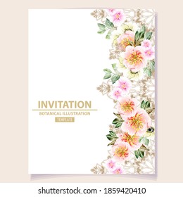 Vintage delicate greeting invitation card template design with flowers for wedding, marriage, bridal, birthday, Valentine's day. Romantic vector illustration.