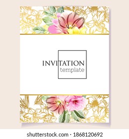 Vintage delicate greeting invitation card template design with flowers for wedding, marriage, bridal, birthday, Valentine's day. Romantic vector illustration.