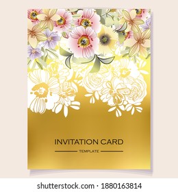 Vintage delicate greeting invitation card template design with flowers for wedding, marriage, bridal, birthday, Valentine's day. Romantic vector illustration.