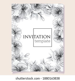Vintage delicate greeting invitation card template design with flowers for wedding, marriage, bridal, birthday, Valentine's day. Romantic vector illustration.