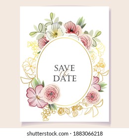 Vintage delicate greeting invitation card template design with flowers for wedding, marriage, bridal, birthday, Valentine's day. Romantic vector illustration.
