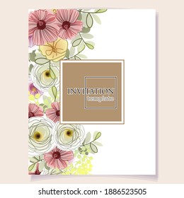 Vintage delicate greeting invitation card template design with flowers for wedding, marriage, bridal, birthday, Valentine's day. Romantic vector illustration.